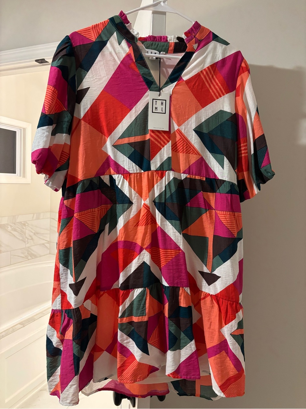 THML Multicolor Geo Print Babydoll Dress - Pink, Orange & Green